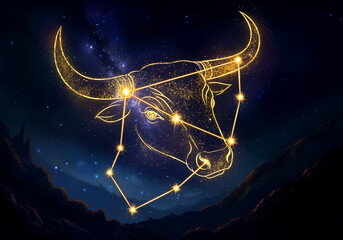 Golden Taurus constellation in a starry night sky. Astrology-themed designs or educational content.