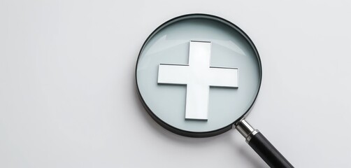 Obraz premium Magnifying Glass Over Medical Cross Icon Symbolizing Healthcare Focus on a White Background
