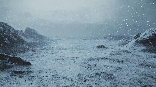 Snowy landscape with rocky outcrops and falling snow under an overcast sky