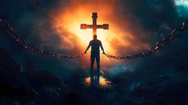 Salvation concept, man breaking from chains of sins, emerging into a bright and hopeful future. christian cross on the top, saved by religion