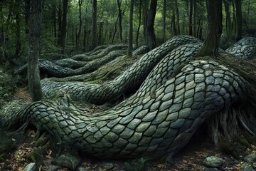 Forest floor, scaled roots, mystical, dark, trees.