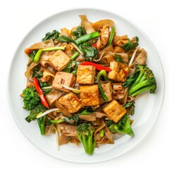 A plate of vegetable pad see ew with tofu, broccoli, and soy sauce