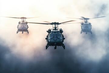 Dramatic Scene of Military Helicopters in Flight Amidst Clouds with Dynamic Lighting and Atmospheric Effects Perfect for Action and Aviation Themes