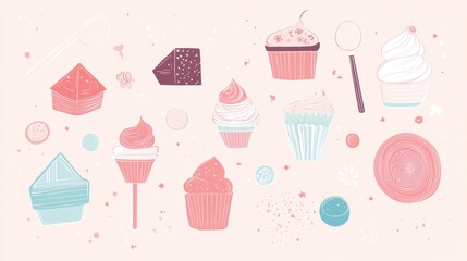 Whimsical candy set illustration, adorable dessert collection, soft rounded geometric forms, playful pastel color scheme, delicate outline details, gentle shading technique, modern vector art style,