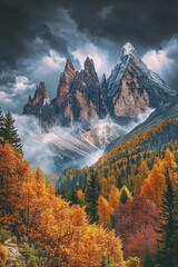Mountain range with dramatic clouds over autumn forest and mist, showcasing natures beauty in the Dolomites, perfect for travel and outdoor adventure themes.