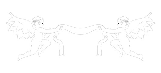 Angel baby cupids illustration for the Valentine's Day or wedding. Vector illustration of flying cherub holding ribbon. Romantic messenger concept for invitation or postcard in doodle style.