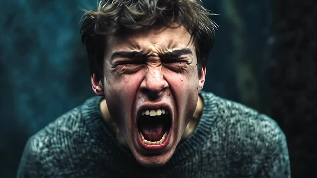 Young Caucasian man screaming fear Panic attack dark eerie setting Expressive face shows extreme emotion Tense atmosphere feels almost tangible Night brings dread and foreboding air scene drips