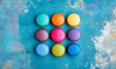 A colorful macaron or macaroon cake on a turquoise pastel background, seen from above.