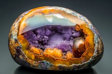 Polished gemstone, vibrant hues, internal crystals.