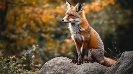Red fox sitting on a rock in autumn