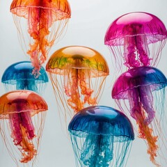 A group of neon jellyfish floating together, their colors blending softly, set against a bright white background.

