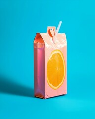 A single, brightly colored pink juice box, featuring a graphic of an orange slice, sits against a vibrant turquoise background