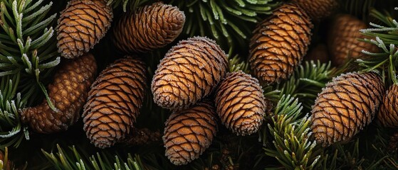 Fototapeta premium Pine cones scattered among evergreen branches in a natural setting, showcasing textures and colors of nature, perfect for seasonal decor or wildlife themes.