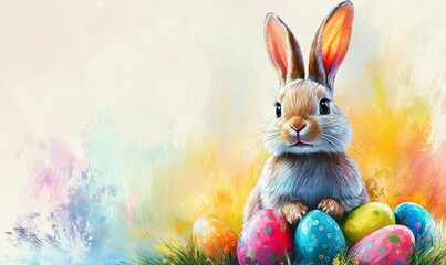 A cute and colorful Easter bunny with expressive features and vibrant eggs on a festive banner layout.
