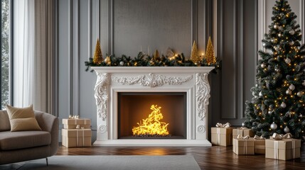 Contemporary Christmas living room, neoclassical white fireplace with detailed scrollwork, realistic fire display, minimalist holiday mantel styling, gold accent trees, traditional decorated pine