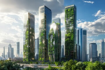 Obraz premium A futuristic financial district with ESGcompliant skyscrapers, designed with transparent glass and vertical forests, green finance, sustainable architecture