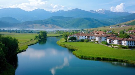 Fototapeta premium Serene River Village in Mountain Valley