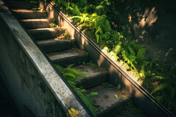 Stairs leading upward surrounded by lush greenery, showcasing natures resilience with plants thriving in urban environments, perfect for outdoor exploration themes.