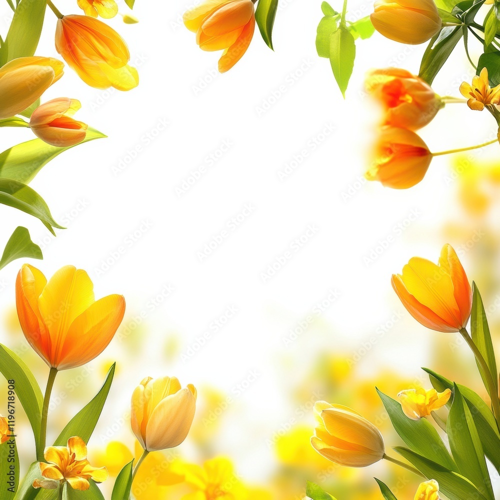 Fototapete yellow tulips creating a vibrant border with ample space for text in a bright, cheerful setting. gen