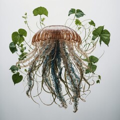 A jellyfish with tentacles made of vines and leaves, emphasizing a nature-inspired design on a white background.

