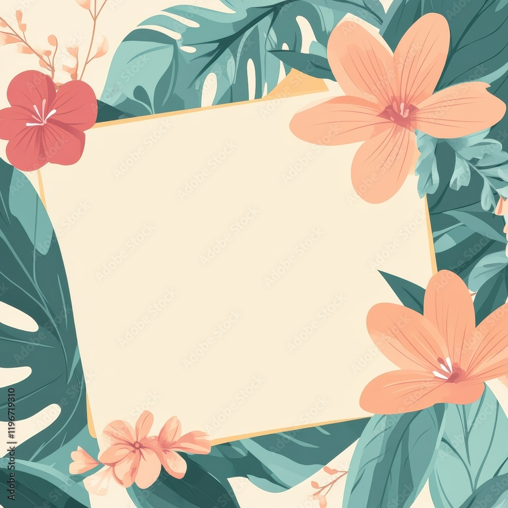 Poster Floral design with empty space for text in a tropical theme featuring leaves and blossoms. Generative AI
