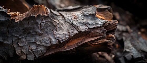 Wood, natural texture and organic patterns of burned logs in a forest. Close-up detail, environmental impact, and ecological consequences of wildfires.