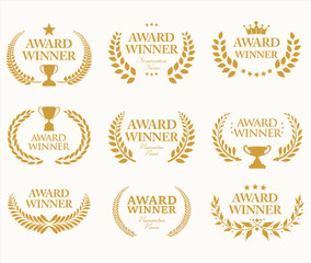 Award Winner emblem collection of gold laurel with gold  text isolated on white background 