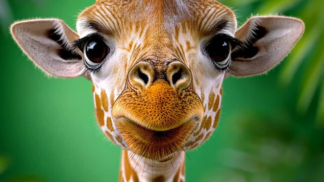 Giraffe with its head turned to the side and its mouth open. The giraffe is looking at the camera and he is smiling