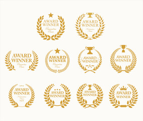 Award Winner emblem collection of gold laurel with gold  text isolated on white background 