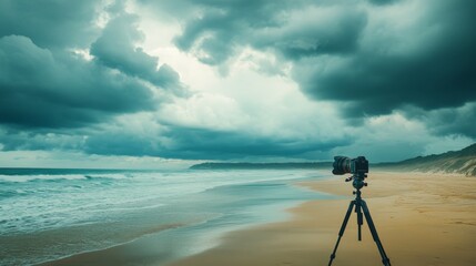 professional digital cinema camera on tripod, dramatic cloudy sky, coastal landscape, sandy beach foreground, turquoise ocean horizon, cinematic composition, professional film equipment, natural