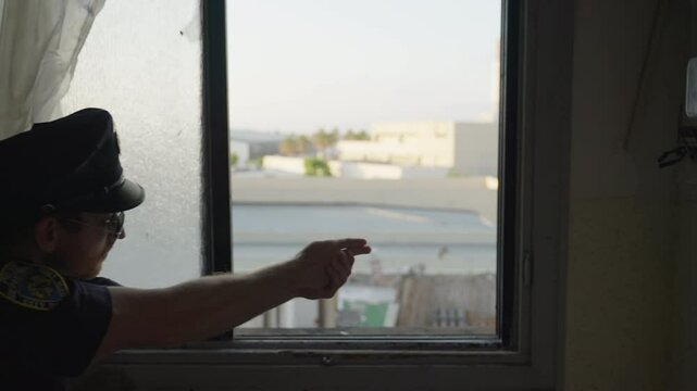 Playful police officer in uniform pretends to hold a gun with his hands, comically sneaking along building's interior next to a large window. Mimic scanning for suspects humorous and lighthearted tone