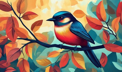 A brightly colored bird sits on a branch surrounded by autumn leaves.