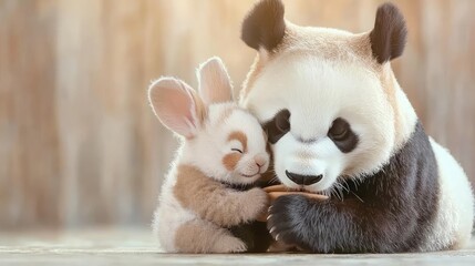 Panda and bunny sharing cookies; warm, sunny background; ideal for children's books
