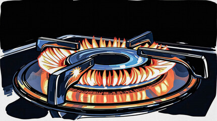 Obraz premium A close-up view of a gas stove burner with a fiery orange and yellow flame, hints of red and white, and a cool blue base. A black background highlights the dynamic, fluid flame and subtle reflections.