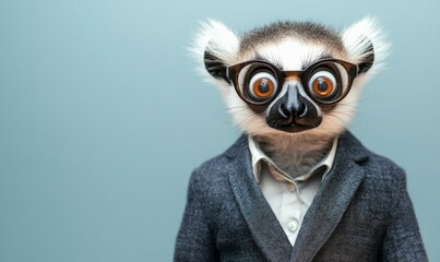A lemur dressed in a suit and glasses, looking amazed.