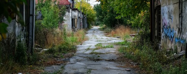 Abandoned urban street with overgrown foliage and deserted buildings.