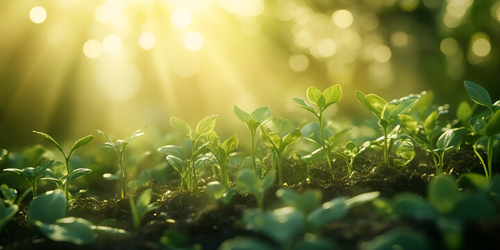 Young Green Seedlings in Morning Sunlight