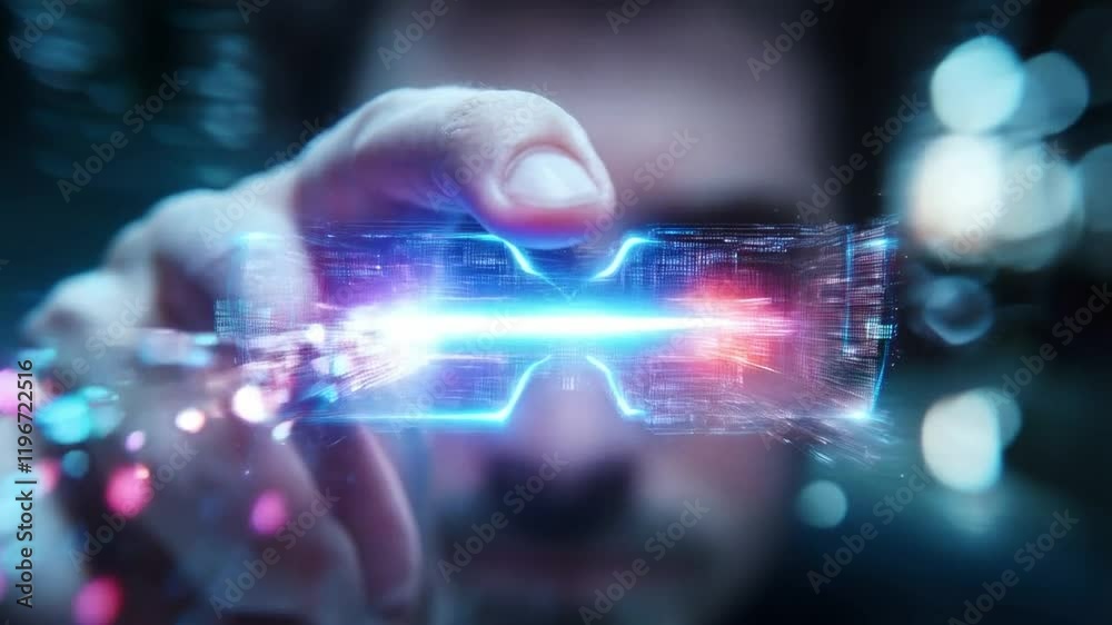 Poster A person demonstrates advanced cyber defense technology using futuristic glasses. The vibrant lights indicate data processing and enhanced capabilities in a high-tech environment.