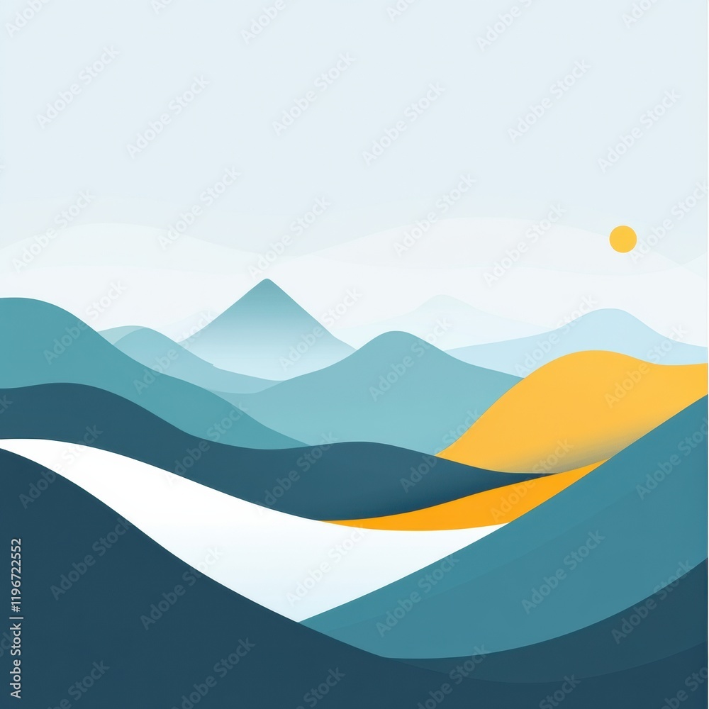Poster abstract landscape design featuring soft hills and sun in a tranquil color palette for creative proj