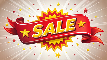 Red sale banner with stars and radiant background	