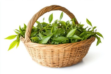 Naklejka premium Freshly Picked Tea Leaves in Wicker Basket