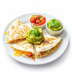 A plate of vegetable quesadillas with guacamole and salsa, isolated white background, modern art style