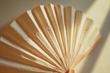 Pale paper fan, sunlight, delicate folds, wooden handle.