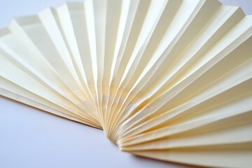 Cream-colored pleated paper fan, gently curved.
