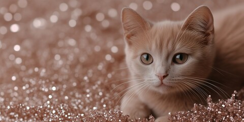 Ginger cat portrait with glitter beige background. Festive concept. Image for banner, card and social media. Close up view with copy space.