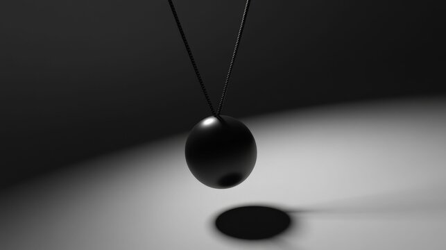 Black sphere hangs from thin cords, casting shadow.
