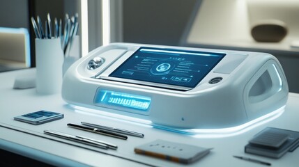 Futuristic medical device with touchscreen on desk.