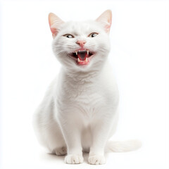 Hilarious white cat laughing showing toothy grin on white background