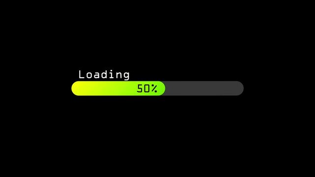 Loading bar downloading progress animation transfer 0-100 on black background. loading green color animation