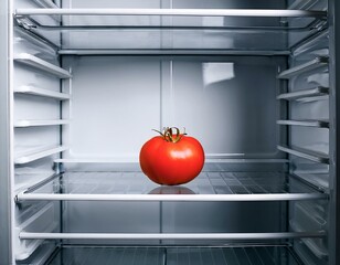 Inside a fridge with a single tomato